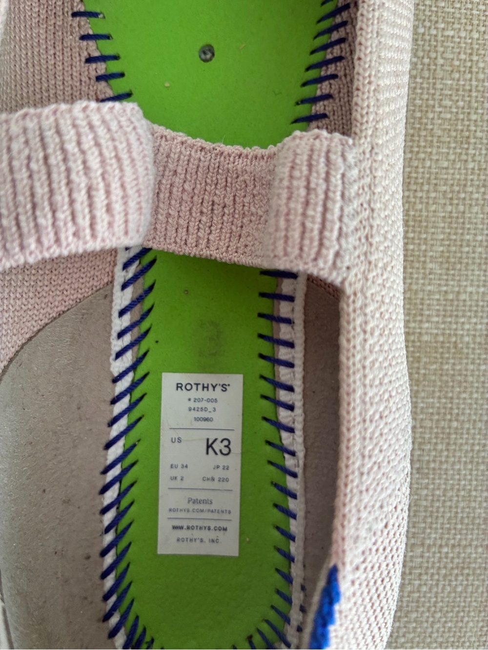 Rothy's Light Pink Knit Mary Jane Flats with Navy Stitching